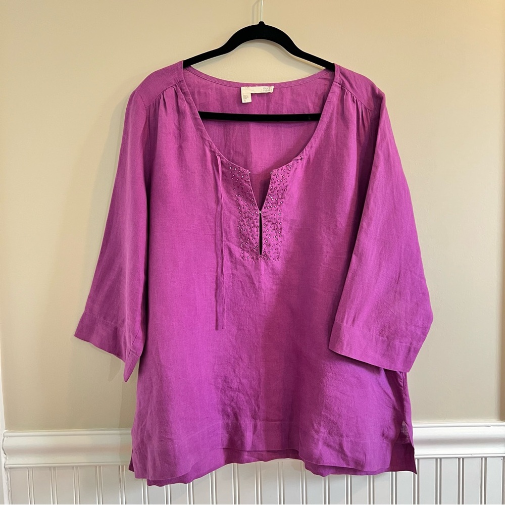 Eileen Fisher Handkerchief 100% Irish Linen Top w/ Beads XL